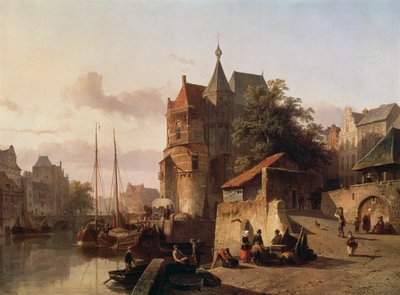 Nederlandse scène: Versterkte gebouwen aan de oevers van een kanaal door Cornelis Springer