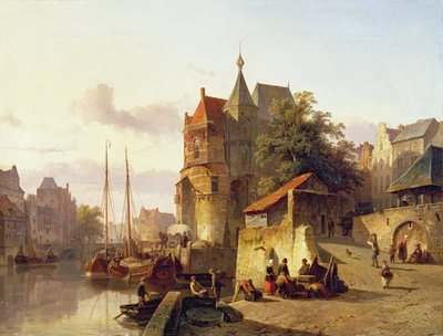 Versterkte gebouwen aan de oevers van een kanaal door Cornelis Springer