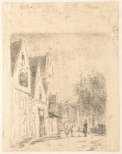 Gezicht op een straat met een paard en een man door Cornelis Springer