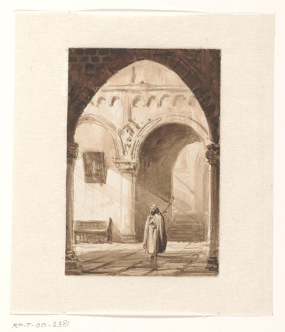 Interieur van een kerk met een monnik door Cornelis Springer
