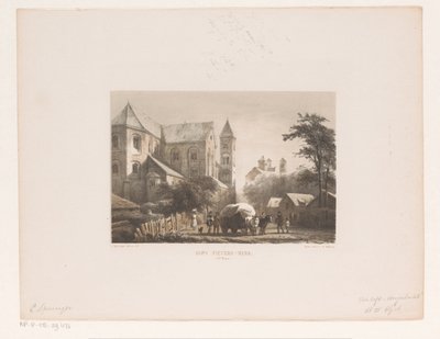Runderen met wagen voor elfde-eeuwse kerk door Cornelis Springer