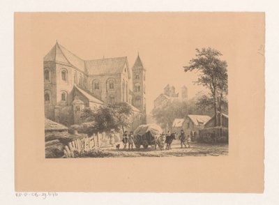 Runderen met wagen voor elfde-eeuwse kerk door Cornelis Springer