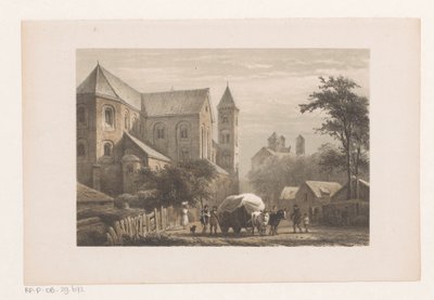 Runderen met wagen voor elfde-eeuwse kerk door Cornelis Springer
