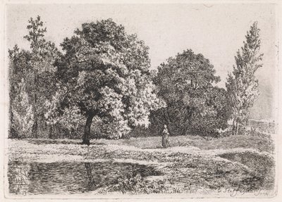 Landschap met bomen, meer en een vrouw door Cornelis Steffelaar