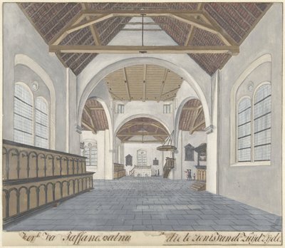 Interieur van de kerk in het fort Jaffnapatnam te Jaffna op Ceylon door Cornelis Steiger