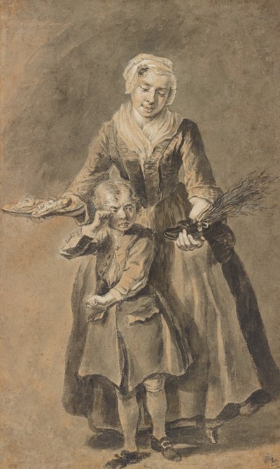 Een vrouw toont een huilende jongen zijn schoen met schakelaars door Cornelis Troost