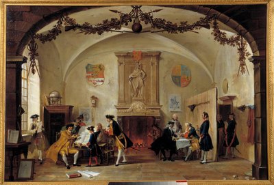 Allegorie van oorlog tegen Frankrijk Nederlandse soldaten bestuderen strategieën tijdens de Spaanse Successieoorlog (1701-1714) door Cornelis Troost