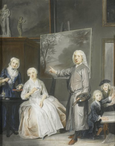 De landschapschilder Dirk Dalens III (1688-1753) met zijn tweede echtgenote Maria Schaack (gest. 1766) en de kinderen Anna (geb 1725), Willem (1737-60) en Jacobus (1741-63) door Cornelis Troost
