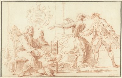 De rijke podagralijder, uitgelachen door een jonge vrouw door Cornelis Troost