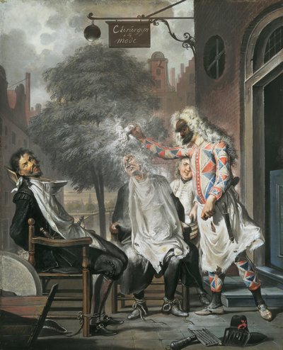 Harlekijn, Magiër en Kapper: De rivalen ontmaskerd, 1738 door Cornelis Troost