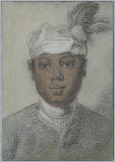 Hoofd van een jonge zwarte man met gevederde tulband door Cornelis Troost