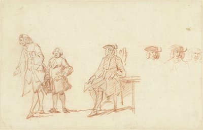 Studieblad met twee staande mannen en een zittende man, wiens hoofd driemaal herhaald is door Cornelis Troost