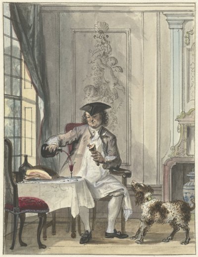 Tafelende man met een glas wijn en een kluif door Cornelis Troost