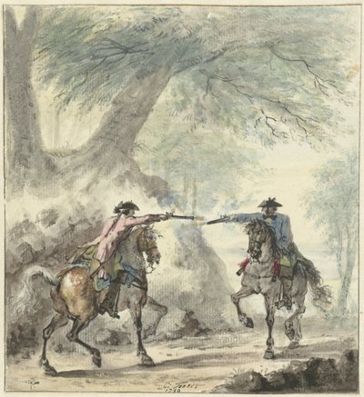 Twee ruiters, elkaar op een bosweg ontmoetend en op elkaar vurend door Cornelis Troost