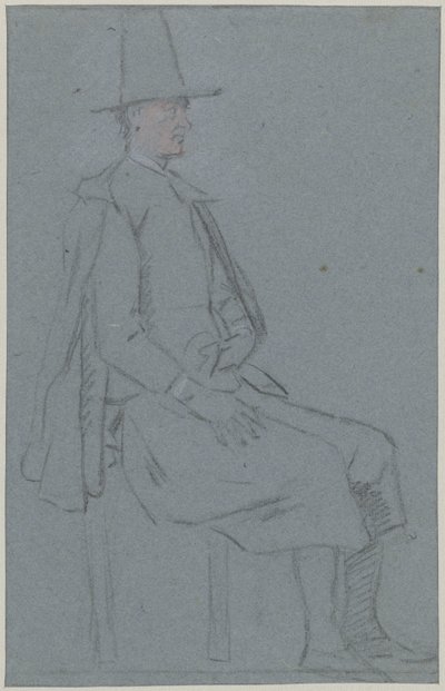 Zittende kwaker, profiel naar rechts, met een hand op de dij door Cornelis Troost