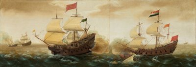 Een Zeeslag tussen Nederlandse en Spaanse Oorlogsschepen door Cornelis Verbeeck
