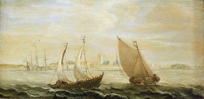 Een jacht en een klein Nederlands zeilschip, voor de kust van een haven in de Zuiderzee, met uitzicht op de stad aan de horizon en zandduinen aan de rechterkant door Cornelis Verbeeck