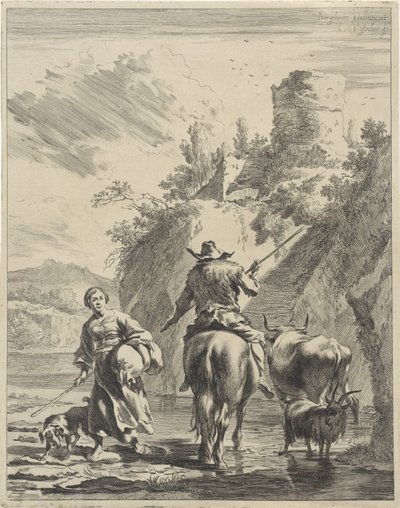 Herder en herderin bij een fort door Cornelis Visscher (II)