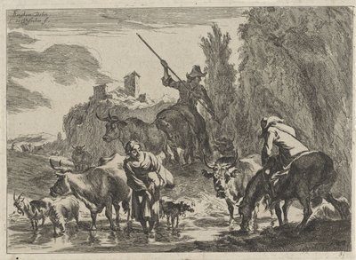 Herders met vee doorwaden een beek door Cornelis Visscher (II)