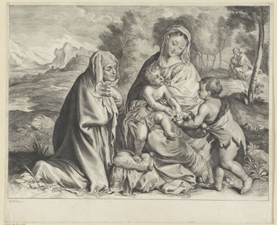 Landschap met de Heilige Familie, Johannes de Doper en Elisabet door Cornelis Visscher (II)
