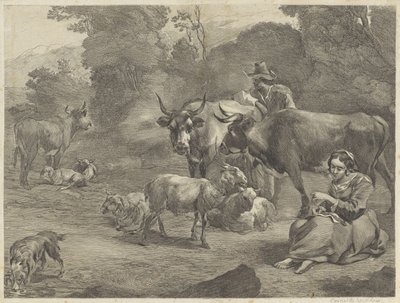 Landschap met een herder en een naaiende herderin door Cornelis Visscher (II)