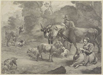 Landschap met een herder en een naaiende herderin door Cornelis Visscher (II)
