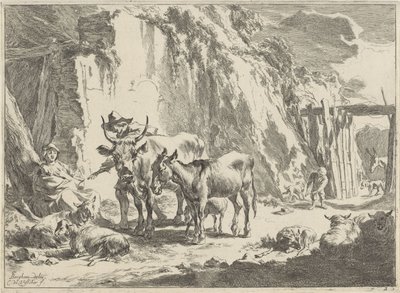 Landschap met vrouw die haar kind voedt door Cornelis Visscher (II)