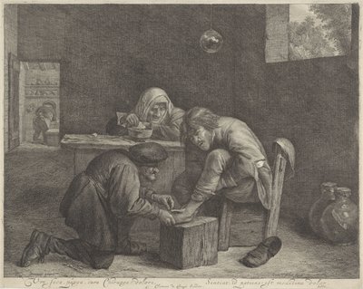 Man bij een arts (Vre, seca, purga, cura Chirurge! dolori) door Cornelis Visscher (II)