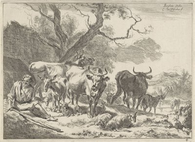 Rustende oude herder met zijn kudde door Cornelis Visscher (II)