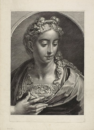 Athena, uit Cabinet Reynst; Variarum imaginum a celeberrimis artificibus pictarum Caelaturae (Cabinet Reynst: gravures van verschillende afbeeldingen geschilderd door beroemde kunstenaars) door Cornelis Visscher