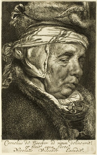 Kop van een oude vrouw (zogenaamd portret van Visschers moeder) door Cornelis Visscher