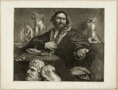 Portret van Andrea Odoni, uit Cabinet Reynst; Variarum imaginum a celeberrimis artificibus pictarum Caelaturae (Cabinet Reynst: Gravures van verschillende afbeeldingen geschilderd door beroemde kunstenaars) door Cornelis Visscher