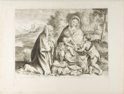 De Heilige Familie met Sint Johannes de Doper en Sint Elisabeth, van kabinet Reynst door Cornelis Visscher