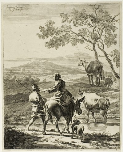 Vrouw op een ezel door Cornelis Visscher