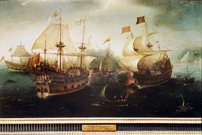 Scène van een zeeslag door Hendrick Cornelisz. Vroom