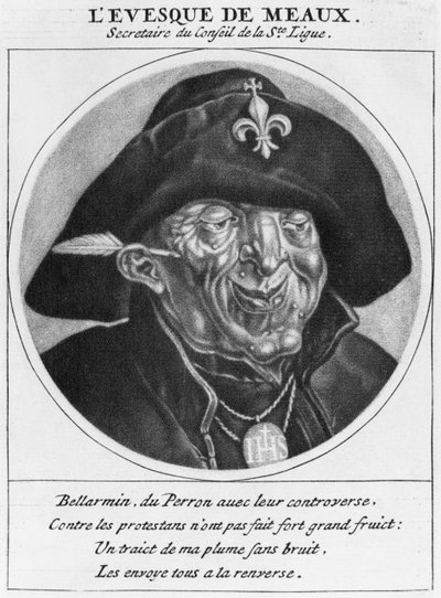 Protestantse karikatuur van Bossuet, Bisschop van Meaux, illustratie uit Les Heros de La Ligue ou La Procession monacale, geleid door Lodewijk XIV, voor de bekering van de protestanten van zijn koninkrijk, Parijs door Cornelis and Gole, Jacob Dusart