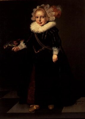 Meisje met een zwarte jurk en een hoofdtooi van veren door Cornelis de (follower of) Vos