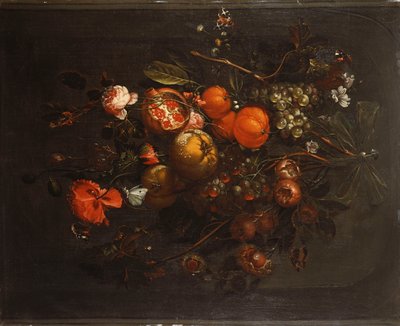 Een Boeket van Fruit en Bloemen Hangend aan een Spijker in een Nis door Cornelis de Heem