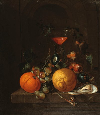 Een Citroen, een Sinaasappel, Druiven, een Oester en een Glas Wijn op een Richel door Cornelis de Heem
