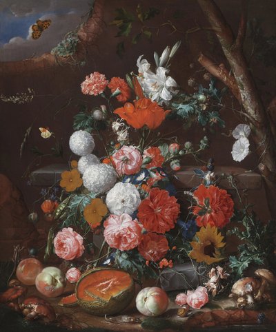 Een stilleven van bloemen en fruit op een stenen sokkel in een tuin door Cornelis de Heem