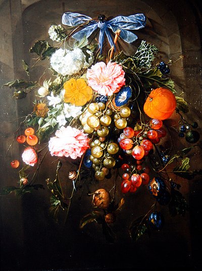 Een Stilleven van Bloemen en Vruchten met een Blauwe Strik door Cornelis de Heem