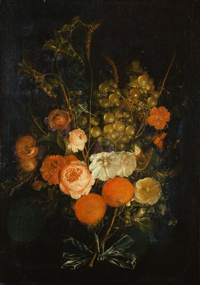 Bos rozen, anjers, sinaasappels, druiven, eikels en kastanjes door Cornelis de Heem
