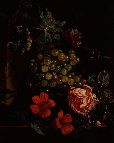 Druiven en bloemen met kever, slak en hagedis door Cornelis de Heem