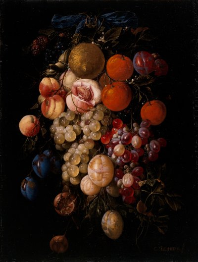 Stilleven van druiven, kersen en pruimen hangend aan een spijker met een blauw lint door Cornelis de Heem