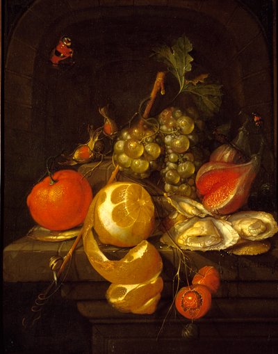 Stilleven met fruit en oesters door Cornelis de Heem