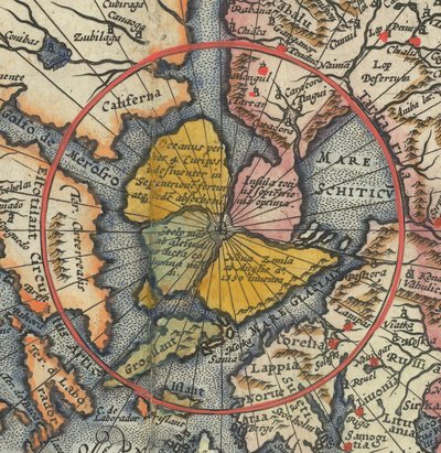 Detail van wereldkaart - Artic met magnetisch eiland als Noordpool door Cornelis de Jode