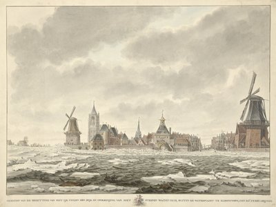 Gezicht van de bezetting van het ijs buiten de Waterpoort te Gorinchem, den 20.n Februarij 1799 door Cornelis de Jonker