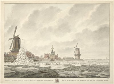 Gezicht van de opkruijing van het ijs, op en tegen de borstwering agter de Runmolen te Gorinchem, den 20.n Februarij 1799 door Cornelis de Jonker