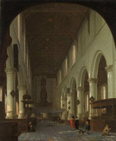 Interieur van de Oude Kerk in Delft vanaf het koor naar het portaal door Cornelis de Man (attributed to)