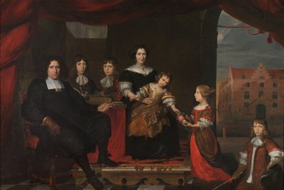Reyer Reyersz van der Burch (1630-1695), Munitieofficier verbonden aan het Arsenaal van de Staten-Generaal, Delft, met zijn Vrouw Geertruid Graswinckel en hun Kinderen Frank, Cornelis, Reyer, Maria en Alida door Cornelis de Man (attributed to)